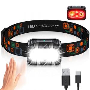 ISEYOU Lampe Frontale LED Ultra Puissante, Lampe Frontale Rechargeable avec Lumière Rouge & Capteur de Mouvement, 5 Modes d'Éclairage, Super Léger, IPX4 Étanche, 26H d'Autonomie pour Camp/Cyclisme (ISEYOU EU, neuf)