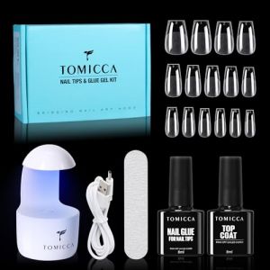 TOMICCA Kit Capsule Americaine Ongle - Pose Americaine Ongle Kit, 240 PCS Capsules Ongle Cercueil Court, Avec 6 en 1 Colle Faux Ongles Top Coat Semi Permanent Et Mini Lampe UV Ongles Gel (EU Must Win, neuf)