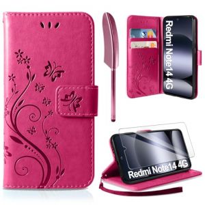AROYI Coque Compatible avec Xiaomi Redmi Note 14 4G(Pas pour 5G), Retro Design PU Etui Housse en Cuir Portefeuille de Protection Fonction Stand Video Porte Carte Credit Ticket Flip Case Rose Rouge (TongJo, neuf)
