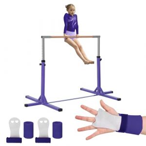 Gym Bar® Barre Fixe de Gymnastique pour Enfant Violette | 13 Niveaux Ajustables de 90 à 150 cm | En Acier et Bois Massif en Hêtre | Kit de Protection Offert | Usage Intérieur Extérieur | Aerobik (Original Party, neuf)