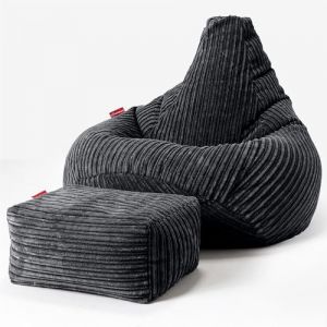 Lounge Pug Pouf Poire Gamer avec Repose-Pieds en Velours C&ocirc;tel&eacute; Ultra Pelucheux - Facilement Transportable, Assise Confortable, Pouf Salon, Adulte, Chambre Ado - Noir (Mikabo&uuml; Paris, neuf)