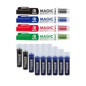 ESENG® Lot de 28 marqueur pour tableau blanc, paquet comprenant les Magic WM-218 marqueurs (1X4 couleurs) et les WM-218T cartouches d'encre (2X6 noir+2X6 bleu) (ESENG, neuf)