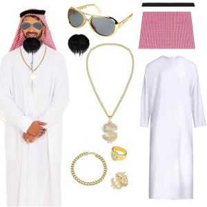 D&eacute;guisement Arabe Cheik pour Carneval, Costume de Cheik Arabe, D&eacute;guisement Prince Arabe, avec Bandana, Lunettes de Soleil, Barbe, Collier, Bague, Ideal pour Carnaval, Mascarade, Cosplay (XXL) (Aicerous, neuf)