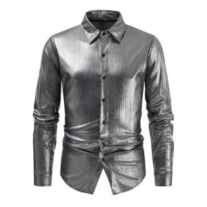 Chemise &agrave; Paillettes pour Homme en Satin de Soie Brillante Disco Party Chemise Veste Tops 2025 Nouvelles Chemises Chemise &agrave; Paillettes Slim Hauts Classique Chemise Chemise Brillante Manches Longues (Beythetly, neuf)