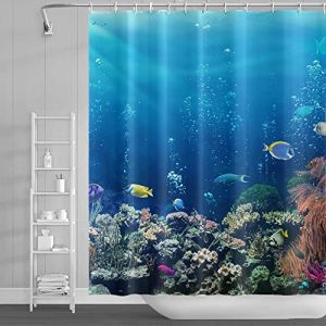 SDOTPMT 175x190cm Oc&eacute;an Tropical Poisson Rideau de Douche sous-Marin Mer Animal Corail R&eacute;cif Rideau de Bain &Eacute;t&eacute; Bleu Oc&eacute;an Rideau de Baignoire pour Enfants Salle de Bains Polyester avec Crochets (SDOTPMT, neuf)