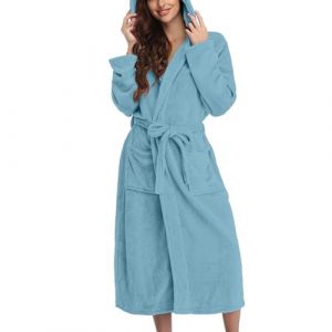 Peignoirs en tissu &eacute;ponge pour femmes UK, robe de bain super douce et chaude en polaire duveteuse avec capuche, peignoir long et moelleux, peignoir l&eacute;ger et confortable avec poches, bleu ciel, M (panboping602, neuf)