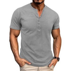 LAOARA Tee Shirt Homme T Shirt T-Shirts &agrave; Manches Courtes Homme Coton Henley Vintage Col Tunisien Boutons Et&eacute; Gris 2XL (Laoara Store, neuf)