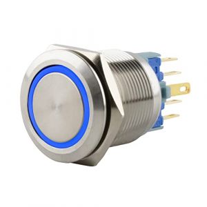SeKi Bouton poussoir en acier inoxydable - Diam&egrave;tre : 22 mm - Forme de t&ecirc;te plate - Anneau LED color&eacute; &eacute;clair&eacute; en bleu - &OElig;illets &agrave; souder - Connecteur plat 0,5 x 2,8 mm - Bouton de sonnette (ST-Vertrieb, neuf)