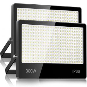Projecteur LED Extérieur 300W 2 PACK - 30000LM 6500K Blanc Froid Spot LED Extérieur avec 300 LEDs Lampe, IP66 Étanche Eclairage Exterieur pour Stade, Terrasse, Rue, Garage (jintenger, neuf)