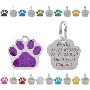 M&eacute;daille personnalis&eacute;e grav&eacute;e pour chien | &Eacute;tiquette pour chat | &Eacute;tiquette d'identit&eacute; pour animaux de compagnie | &Eacute;tiquettes de nom en acier inoxydable avec motif de patte scintillante de 27 mm (JK Commerce Ltd, neuf)