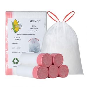 AURMOO Sacs Poubelle 35L avec Cordon de Serrage, Sacs Poubelle D&eacute;gradables, 85 Pi&egrave;ces, M&uuml;llbeutel avec Cordon de Serrage, Sac &agrave; Ordures de Cuisine, Sac de D&eacute;chets Alimentaires, B55xH65cm, Blanc (AURMOO EU, neuf)