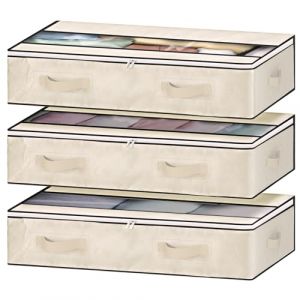 GoMaihe Boite Rangement Sous Lit 3 PCS, Sac de Rangement Vetement 90L Housse de Rangement pliable Poign&eacute;e Renforc&eacute;e Avec Fermeture &eacute;clair Fen&ecirc;tre Transparente Pour Rangement de Couette V&ecirc;tements Beige (Fjans, neuf)