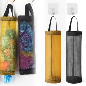 WUYJI Porte-sacs poubelle, Organisateur de sacs en plastique en 2 pi&egrave;ces avec crochets - Organisateur de sacs poubelle suspendus pour usage domestique (noir, jaune) (xioque, neuf)