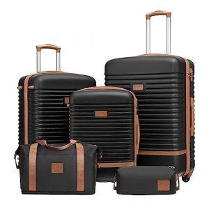 COOLIFE Valise Trolley Valise de Voyage en ABS Coque Rigide Trolley 4 Roues Serrure TSA La Valise Contient 1 Sac de Voyage et 1 Trousse de Toilette (Noir/Marron, Lot de 5 valises) (Coolife EU Directly, neuf)
