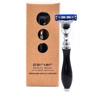 Rasoir de sécurité Parker Deluxe Rasoir compatible Gillette Mach 3 - Manche en résine noire de qualité supérieure avec garniture chromée - Une cartouche à trois lames Gillette Mach 3 incluse (Taconic Shave & Parker Safety Razor, neuf)