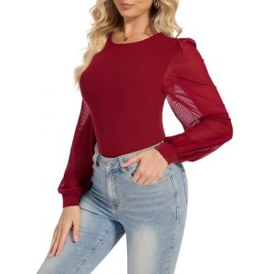SHAPERIN Body Femme Manches Longues Bouffantes D&eacute;contract&eacute; Body &agrave; Col Rond Elegant Blouse Body, Rouge Vin, XL (SHAPERIN DIRECT FR, neuf)