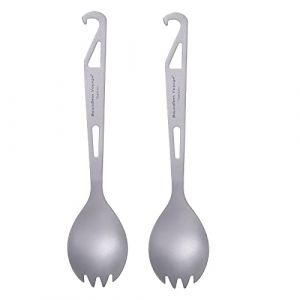 iBasingo Cuill&egrave;re Spork 3 en 1 en Titane avec D&eacute;capsuleur Vaisselle D'ext&eacute;rieur Couverts De Camping Couverts De Pique-Nique Ustensiles De Voyage avec Sac &agrave; Cordon (iBasingo, neuf)