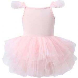 AIEOE Fille Robe de Ballet Danse Tutu Justaucorps Robe Danse Tutu Tulle Enfant Manche à Volants (Entrejambe avec Bouton) 4-6 Ans Rose B02 (HIGENL, neuf)