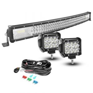 AUXTINGS 82cm 405W incurvé 3 rangées Barre Rampe LED,2X 10cm Phare de Travail LED 12V Projecteur LED Etanche Feux Antibrouillard LED Feux de Travail avec câblage pour Voiture Camion Tracteur SUV,IP67 (AUXTINGS-EU, neuf)