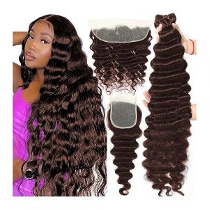Extensions De Cheveux Paquets de vague profonde en vrac avec fermeture 6x6 fermeture à lacet 3/4 paquets brun 100% brésilien Remy paquets de cheveux humains #4 colorés Tissage Cheveux(4" x 4",14 14 14 (minghuaouzhou, neuf)