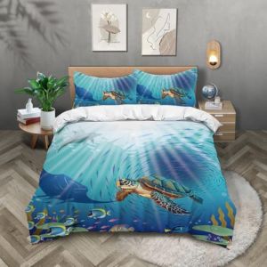 TKCQX Th&egrave;Me Marin Parure de Lit 200x200 Enfant Tortue de Mer La Vie Marine Parure de Lit Enfant Gar&ccedil;On Fille Housse de Couette 1 Personne Tortue de Mer Housse de Couette en Microfibre (TKCQX--欧盟R标, neuf)