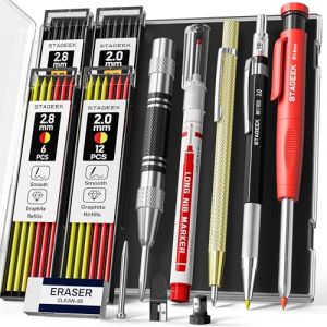 STAGEEK 14 Crayons Charpentier avec Taille Crayon 38 Recharges, Poin&ccedil;on Automatique, Outil de Tra&ccedil;age en Carbure, Gomme et Marqueur pour Trous Profonds Robuste pour Architectes - &Eacute;tui inclus (STAGEEK, neuf)