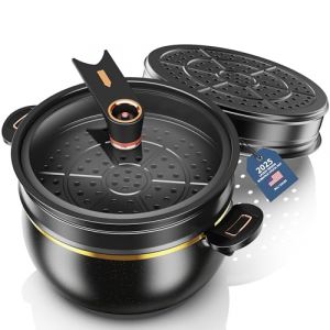 Marmite antiadhésif anodisée dure avec couvercle en verre et cuiseur vapeur, marmite de 8 litres, marmite à soupe profonde pour pâtes, soupes, spaghettis, compatible induction (ZA1) (Fly around wholesale, neuf)