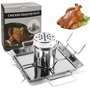 goldmiky Support de Poulet pour canette de bière, Support Grille RôTissoire Poulet Acier Inoxydable Vertical Chicken Gril, avec bac d'égouttage adapté au Camping Barbecue en Plein air (KUANGLIN-EU, neuf)