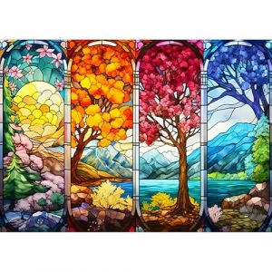 BOWETILE 5D Vitrail Diamond Painting, Kit Complet DIY Paysage Diamant Painting, Peinture Diamant Adulte Arbre de Vie, Point de Croix Strass Cristal Quatre Saisons Pour D&eacute;coration Murale 40x30 cm (Bowetile Direct, neuf)