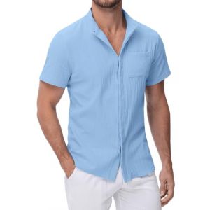 YAOHUOLE Chemise Lin Homme Manche Courte Chemise Lin Homme Chemises Boutonnées Homme Chemise Col Mao Bleu 2XL (Yaohuole, neuf)