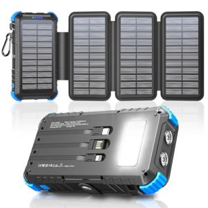 Chargeur Solaire 26800mAh avec 4 Panneaux Solaires, USB C 15 W Charge Rapide, 5 Sorties et 3 C&acirc;bles, Batterie Externe Solaire pour l'ext&eacute;rieur avec Mousqueton et Lampes de Poche pour T&eacute;l&eacute;phones (SZFTD-AMZ, neuf)