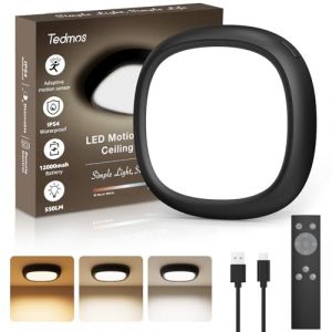 Luminaire Plafonnier Sans Fil Rechargeable USB, 550LM 12000mAh IP54 Etanche Plafonnier LED Detecteur de Mouvement a Pile, Lampe Plafond Batterie Télécommande Lumiere Capteur Interieur Exterieur Garage (Tedmos-FR, neuf)