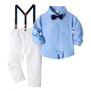 Volunboy Bebe Garçon Costume Gentleman, Noeud Papillon Chemise Carreaux + Pantalon 4 Pièces(3-4 ans,Bleu Blanc,Taille 110) (Volunboy, neuf)