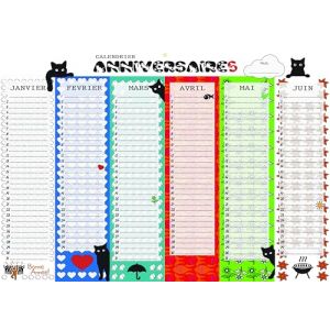 Calendrier anniversaires perpetuel | Personnalisable & Recto Verso | Adultes et Enfants | Motifs Chat Format A3 (Calendrier Evenement, neuf)
