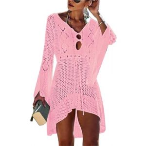 Jinsha Femme-Beachwear Vetements- Kimono Robes-Crochet Poncho Sarongs Couvrir Lacet Tunique Pareo Tenue Cache-Maillots Chemise de Plage Beach Bain Bikini Tropical &Eacute;l&eacute;gant Sexy Boho&ecirc;me Chic &Eacute;t&eacute;（Rose (Jinsha Store, neuf)