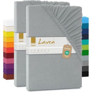 Lavea® Lot de 2 Draps-Housses Maya – Jersey 100% Coton – pour Lits Standard, Boxspring, à Eau ou avec Surmatelas – avec élastique – Oeko-TEX® – Respirants (Argent, 180x190-200x200cm) (B&D Textiles, neuf)