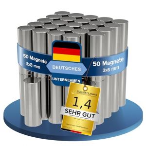 Lot de 50 aimants en néodyme - Argenté - Extra puissants - Diamètre : 3 x 8 mm - Aimants puissants - Force d'adhérence : environ 0,5 kg - Aimants pour tableau blanc, tableau d'affichage, tableau (Tordic GmbH, neuf)
