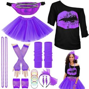 YOUYIKE D&eacute;guisement Ann&eacute;e 80 Accessoire Femme, S/M/L/XL/XXL, T-shirt, Sac Ceinture, Tutu, Bandeau, Collier, Boucle d'oreille, Gants R&eacute;sille, Costume D&eacute;guisement Disco pour Ann&eacute;es 80 (S-Violet) (smnwei'store, neuf)