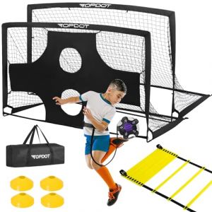Lot de 2 buts de football pour enfants - 180 x 120 cm - Pour l'entra&icirc;nement dans la cour et les jeux de sport gonflables en plein air - Comprend football, &eacute;chelle, c&ocirc;ne, but&eacute;e de tir, kicktrainer et (RUN-US, neuf)