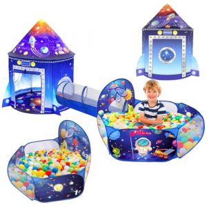 Tente de Jeu de Fusée 3 en 1 avec Tunnel de Fosse à Balles Enfant Astronaute Espace 3PC Playhouse Intérieur Extérieur Pliable Pop Up Tent Set Bluey Toddler Jouets pour Garçon Fille Fête Cadeau de Noël (WorthEvery, neuf)