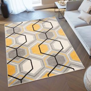 TAPISO Lazur Tapis Poil Ras Design Moderne Jaune Gris Blanc Noir Géométrique Motif Hexagone Tapis Salon Chambre Adulte Salle à Manger Bureau Oeko-TEX Résistant 80 x 150 cm (TAPISO-FR, neuf)