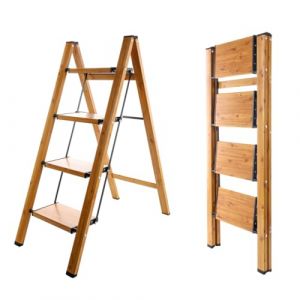 BAOYOUNI Escabeau pliable à 4 marches portable en aluminium léger avec pédales larges antidérapantes Capacité de 150 kg pour la maison, la cuisine, le jardin, le bureau – Noir + couleur grain de bois (Shanghai Baoyouni Industry Co., LTD., neuf)
