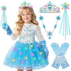 Toyssa Lumineux Deguisement Reine Des Neiges Fille Elsa Costume avec Tutu Robe Collier Couronne Baguette Gants, Princesse Frozen LED Deguisement Fille Enfant Halloween Carnaval Cosplay (Toyssa EU, neuf)