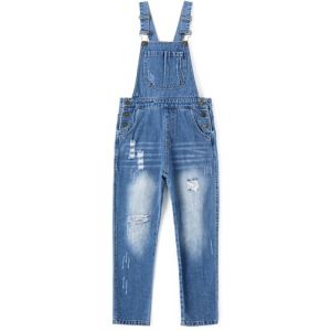 KIDSCOOL SPACE Salopette en jean pour fille, vêtements de travail en jean déchiré pour petit grand enfant, bleu Clair, 5-6 ans (kidscool space, neuf)
