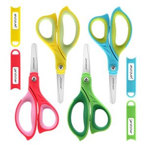 JARVISTAR Ciseaux pour enfants Ciseaux scolaires : lot de 4 ciseaux de s&eacute;curit&eacute; lames arrondies avec housse de protection Ciseaux artisanaux pour &eacute;cole primaire 13 cm (Vert/Bleu/Jaune/Rouge) (Jarvistar-EU, neuf)