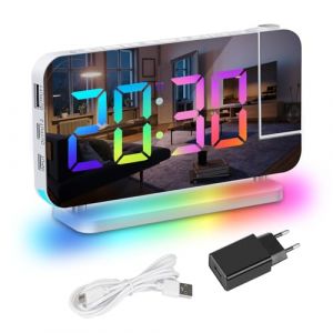 Exmate Réveil à Projection, Réveil Projecteur LED RGB Coloré, Horloge numérique Affichage Auto Dimming Volume Réglable avec projecteur Rotatif à 180°, veilleuse, 2 USB C (Blanc avec Adaptateur (Exmate EU, neuf)