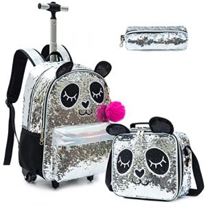 Egchescebo Sac à Dos a Roulette Pour Enfant Fille D'école Panda Scolaires Cartables et Trousses Grande Capacité avec Cartable Ecole Primaire Chariot pour Cartable de Voyage Valise 17" Noir Argenté (Egchescebo EUR, neuf)