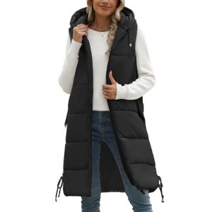 Tuopuda Doudoune sans Manche Femme, Veste Longue sans Manche Manteau sans Manche Automne Hiver Chaud Gilet sans Manche &agrave; Capuche Zipp&eacute;e Hooded Coat Matelass&eacute; L&eacute;g&egrave;re Waistcoat, Noir, M (GHF-Direct, neuf)