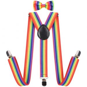 AOOWU Bretelles Homme, 2.5cm Rayures Arc-En-Ciel R&eacute;glable &Eacute;lastiques Hommes Bretelles, 3 Clips Heavy Duty Y Suspenders Style Bretelles, Sangle Pantalon Bretelles Pour Hommes Et Femmes (Aixhe, neuf)