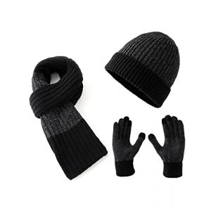 Lallier Winter 3pcs hommes laine chapeau &eacute;charpe &eacute;cran tactile gants ensemble, bonnet chaud t&ecirc;te de mort &eacute;charpe thermique gant ensemble pour hommes (Noir) (TripleH FR, neuf)
